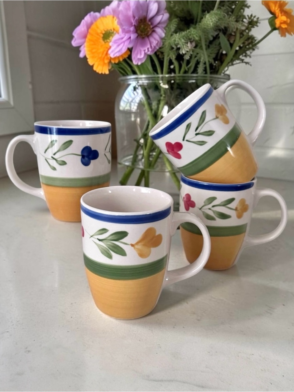 Vintage Pier 1 Hand Painted Floral Stoneware Mugs Yellow Green Blue Set of 4